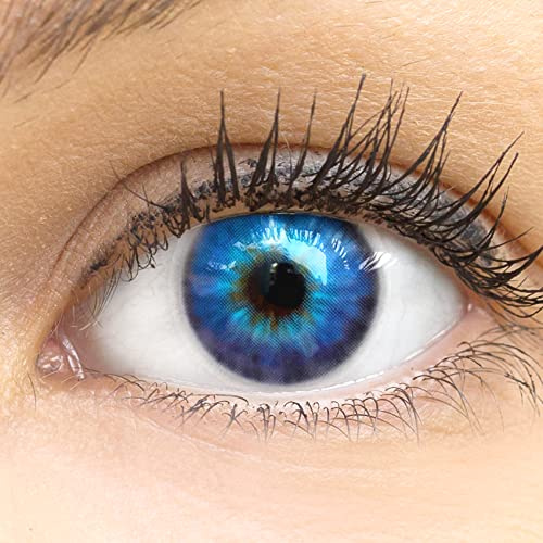 GLAMLENS Kontaktlinsen farbig mit Stärke farbige Cagliari Blue Monatslinsen weiche Linsen soft Hydrogel 2 Stück Farblinsen + Linsenbehälter natürliche Farben Serie (blau) -3.50 Dioptrien