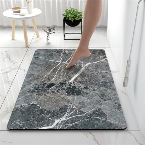 Hixingo Tapis de Bain Antidérapant Moderne Motif Marbre Tapis Salle de Bain Diatomite Absorbant, Tapis Douche Séchage Rapide, Microfibre Tapis Vaisselle Tapis d'Entré (60x90cm,Gris)