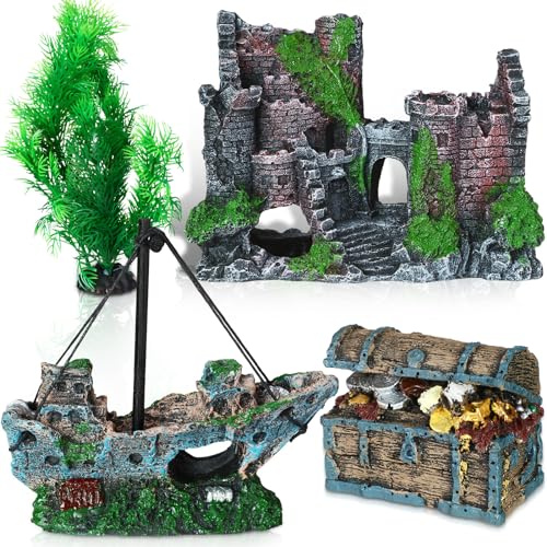 Wenqik Aquarium Decorations Large, Resin Sunken Shipwreck, Undersea Treasure Chest, Ancient Castle Ruins Tunnel House, Simulated Artificial Water Plants, Fish Shrimp Cave Hide for Fish Tank, Safe