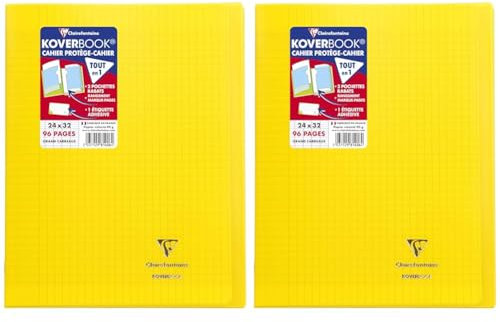 Clairefontaine 981406C Un Cahier Agrafé Koverbook Jaune - 24x32 cm 96 Pages Grands Carreaux Papier Blanc 90 g - Couverture Polypro (Lot de 2)