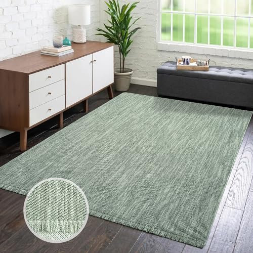 carpet city Teppich Kurzflor Wohnzimmer - Grün - 120x170 cm - Teppiche Fransen Boho-Style - Einfarbig - Schlafzimmer, Esszimmer