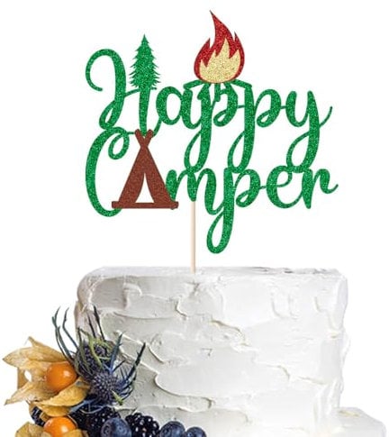 Dcokska Camper Happy Cake Topper, Camping Theme, 1 Piece, Brown, Paper, 5.7 x 6.5 inches, Birthday Occasion