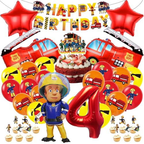 TZQFROCE Feuerwehr Geburtstag Deko 4 Jahre Jungen 52 Stück Feuerwehr Luftballon Deko Feuerwehr Luftballons 4 Jahre Junge Tortendeko Feuerwehr Feuerwehrauto Luftballons für Feuerwehr Geburtstag Party