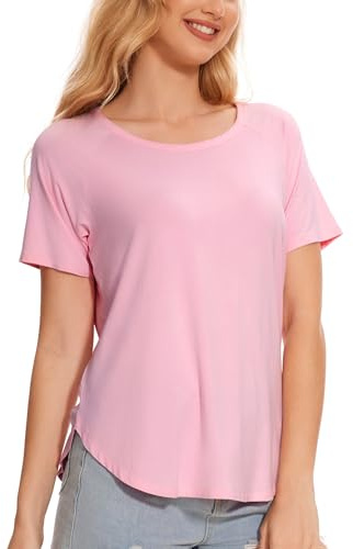 GYS Womens Pajama Tops Short Sleeve Shirts Summer Comfy Crew Neck Sleep T-Shirt, Pink, Medium