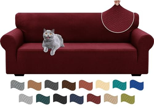 Ystyle Stretch Sofa Überzug 3 Sitzer, Sofabezug rutschfest Mit Armlehne, Elastische Couch Überzug Jacquard, Universal Sofa Cover Moderne, Sofaschoner Hund Katze Für Wohnzimmer, Weinrot