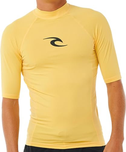 RIP CURL Mens Waves UPF Performance Short Sleeve Rash Vest Top - Yellow - UV Sun Protection and SPF Properties