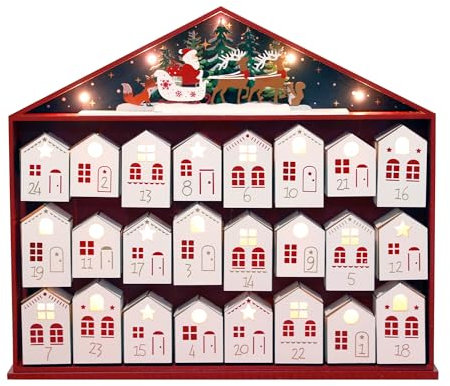 PE Weihnachten Holz Adventskalender Haus Groß mit LEDs und 24 Schubladen - Weihnachtskalender mit Santa und Rentieren - Weihnachtsdeko zum Befüllen 44,2 x 6,6 x 39,2cm