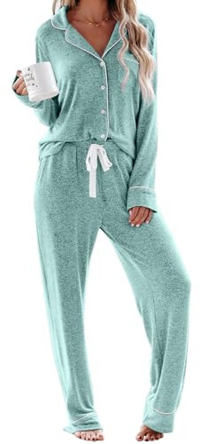 Schlafanzug Damen Lang Pyjama Sets mit Knopfleiste Zweiteiliger Nachtwäsche Hausanzug(M,Blauer See)