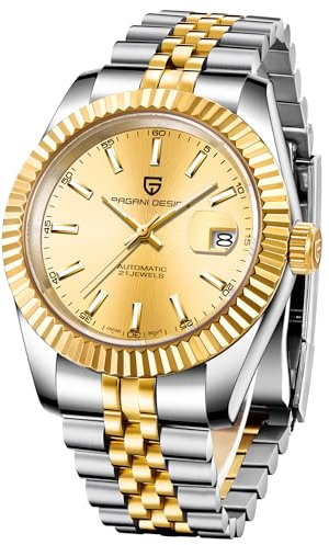 Pagani Design Automatikuhr, 40 mm Edelstahlgehäuse, Datumsanzeige, NH35-Uhrwerk, 100 m wasserdicht, Synthetisches Saphirglas (Gold)