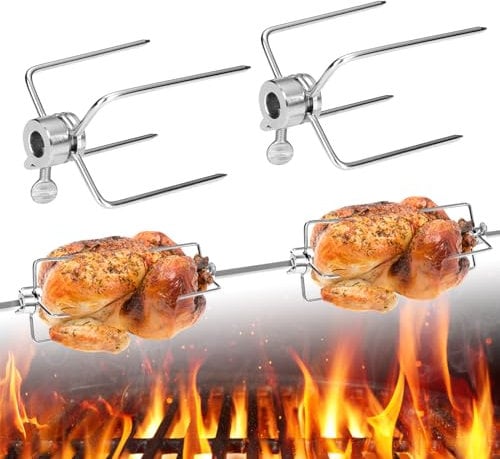 TANYEAR 2PCS Universal Fleischnadeln Edelstahl BBQ Fleischklammer mit Feststellschraube Klammern für Grillspieß Drehspieß Hähnchengrill Rotisserie