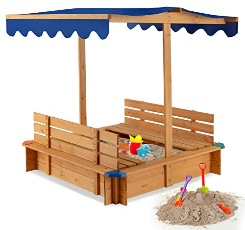 DREAMADE Bac à Sable en Bois pour Enfants avec Auvent, Bac à Sable Carré en Cèdre avec 2 Bancs à Dossier, Tissu Non Tissé, Ensemble de Jeu Extérieur pour Enfants pour Jardin, Maison, Plage