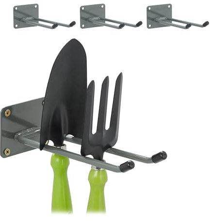 Relaxdays Set de 10 Organizadores Herramientas, Gancho Colgar Escobas, Rastrillos 24cm, Soporte Taller, Garaje, Acero, Antracita
