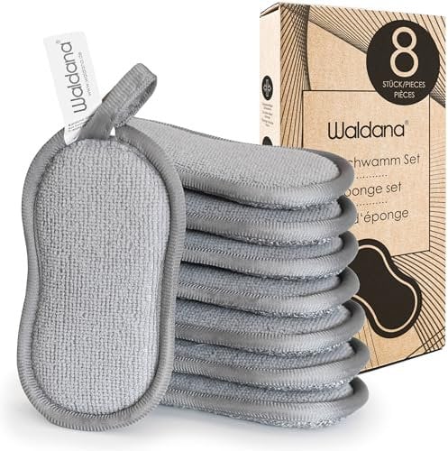 Waldana Lot de 8 Éponges de Nettoyage Lavables Double Face - Éponge à Récurer en Microfibre pour Cuisine, Cheminée, Pot - Reniger