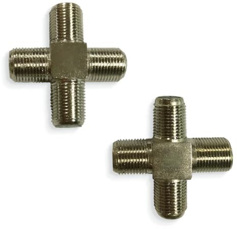 VoltShine Conector tipo F hembra de 4 vías, plateado, para conexiones de cable coaxial en sistemas de televisión y antena.