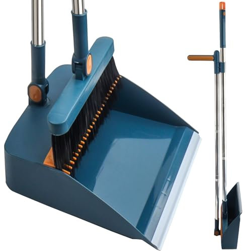 FKKFSS Pelle à poussière et balayette à long manche, tige d'extension verticale coupe-vent, ensemble balai pivotant, bleu
