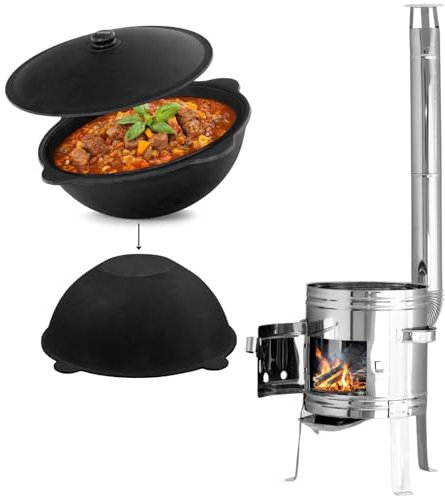 Utschak Ø 35 cm en acier inoxydable avec tuyau d'évacuation Uchag - Four de camping - Chaudière à goulache - 10 l - Kazan Kazan Kazan - Poêle à ragoût - Canon à goulasch hongrois - Cuisine de terrain