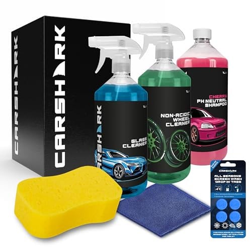 CARSHARK Car Cleaning Kit, Gift Set with Cherry Shampoo 1L, Wheel Cleaner 1L, Glass Cleaner 1L, Sponge, Microfibre Cloth, Screenwash Tabs