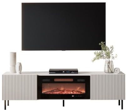 Mirjan24 Fernsehschrank Arypot 2D mit Elektrokamin (Cashmere) | Griffloser TV-Schrank mit gefräster MDF-Front, LED-Flammeneffekt, Heizfunktion, Thermostat und Fernbedienung
