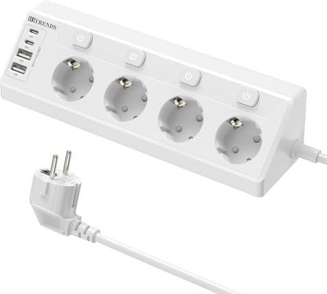 Ecksteckdose mit 2 USB A & 2 Type-C, Steckdosenleiste 4 Fach Einzelne Schalter, Steckdosenleiste mit 2M Verlängerungskabel für Schreibtisch, Ecken - Weiß