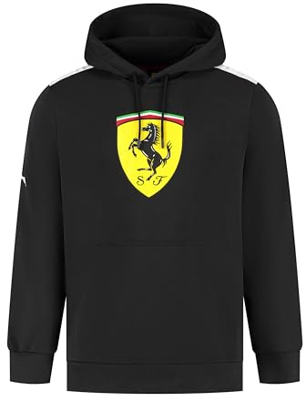 PUMA Scuderia Ferrari F1 Hoodie with Large Scudetto shield print on chest | Logo hoodie with drawcords, Cat logo on sleeve, Contrast shoulder panels, Officially licensed