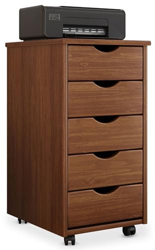 IDIMEX Caisson de Bureau Lagos L 35 cm, en Bois Massif, Meuble de Rangement sur roulettes avec 5 tiroirs, Coloris Brun foncé, idéal pour Chambre et Bureau