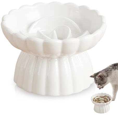 WIYETY Gamelle anti-glouton en céramique surélevée pour chat et petit chien - Gamelle anti-glouton - Pour chats et petits chiens - Blanc - 14 x 8,5 cm