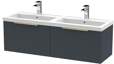 Balterley Vanity Unit with Basin Wall Hung, 2 Drawer Soft Close with 2 Rectangular Sink and Handles, Bathroom Vanity Units with Basin, Fluted Front Sink Cabinet - 1205 x 383 x 399mm (Dark Grey)