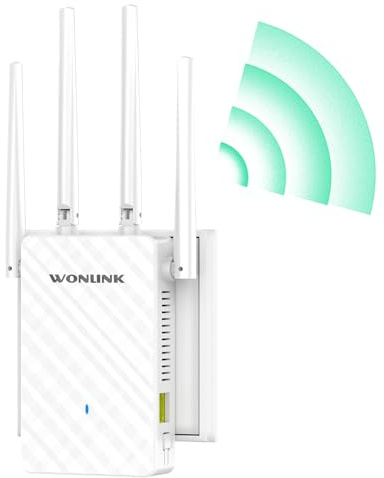 WONLINK Répéteur WiFi Puissant AC1200, Repeteur WiFi Double Bande 5GHz et 2,4GHz 1200Mbps Amplificateur WiFi avec Port Ethernet, 4 Antennes, WPS, Compatible avec Toutes Les Box Internet