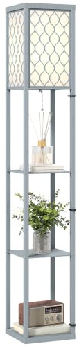 HOMCOM Lampadaire avec Étagères Sur Pied 3 Niveaux Gris et Blanc | Interrupteur à Tirette, Abat-Jour en Tissu Motif Nid d'Abeille, pour Salon, Chambre, Bureau