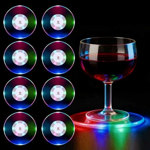 AURIVEE LED Glasuntersetzer 8er-Set Bunt,wasserdichte Acryl Untersetzer mit 3 Beleuchtungsmoden, Batterie Inklusive - Für Partys, Weihnachten, Bar, Hochzeit, Dekoration