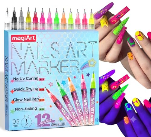 12 Fluorescent Colors Nail Art Pens, 0.5mm fine tips Nail Art Markers, UV Neon style Nail Art Pens for painting nails, DIY Nail Point Dotting Pen, Non-toxic Quick-Drying, Home & Salon DIY Tools
