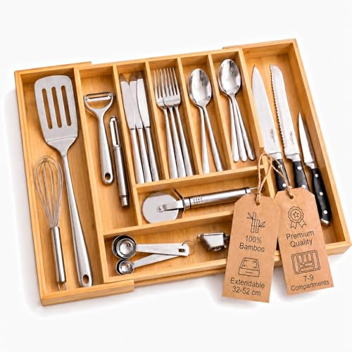 Kibun Bambus Besteckeinsatz ausziehbar 32-52 cm Schubladen Besteckkasten | 7-9 Fächern aus Holz Schubladen Organizer Küche Besteckhalter Schubladeneinsatz Küche Besteck Organizer