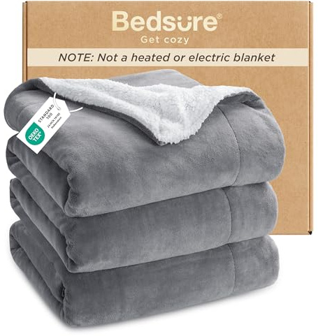Bedsure GentleSoft Sherpa Fleece Queen Blankets for Bed, Non-Heated, Thick and Warm Throw for Women and Men, Soft Fuzzy Plush Queen Blanket for Winter, Grey, 90x90 Inches