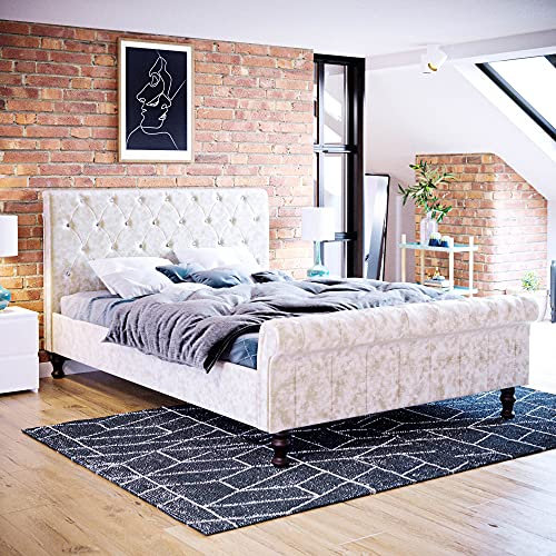 Vida Designs Violetta Double Bed, 4 ft 6 Bed Frame Upholstered Fabric Headboard Bedroom Furniture, Crushed Velvet Champagne