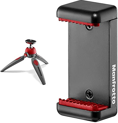Manfrotto MTPIXIEVO-RD, PIXI EVO 2-Section Mini Tripod, Compatible with DSLR, Compact System Camera, Mirrorless, Red & MCLAMP, Universal Smartphone Clamp with Thread Connections, Black