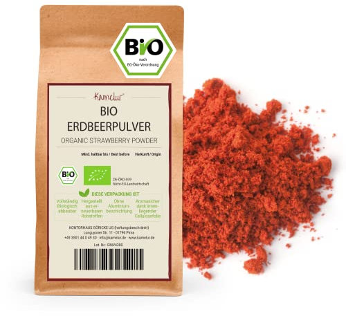 250g de poudre de fruits biologiques à base de fraises sauvages lyophilisés - poudre de fraises fruitée, sans additifs - dans un emballage biodégradable