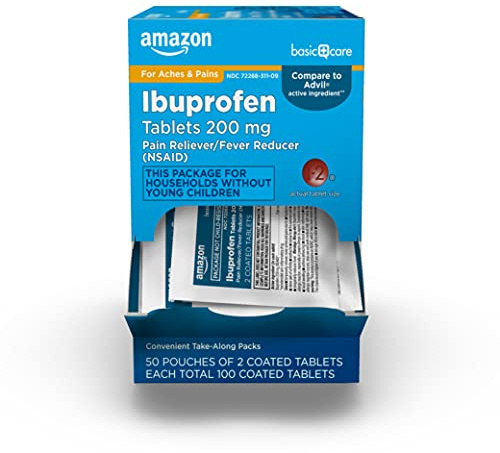 Amazon Basic Care Ibuprofen Tablets, 200 mg, Pain Reliever and Fever Reducer, For Headache, Muscular Aches, Arthritis, Backache, Menstrual Pain, 100 Count (Pack of 1)