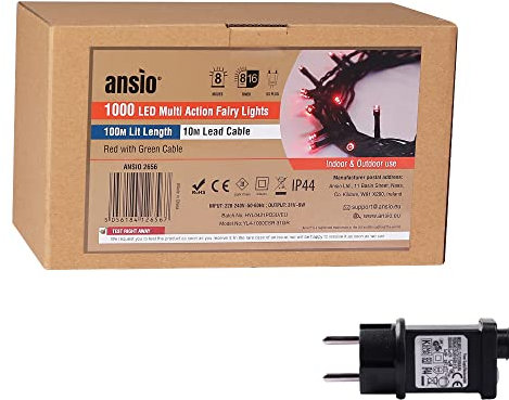 ANSIO® Lichterkette außen Innen 100m 1000 LED lichterkette Weihnachtsbaum Lichtketten Strom Für Weihnachten, balkon, fenster, Weihnachtsdekoration | Rot Weihnachtsbeleuchtung | Grünes Kabel