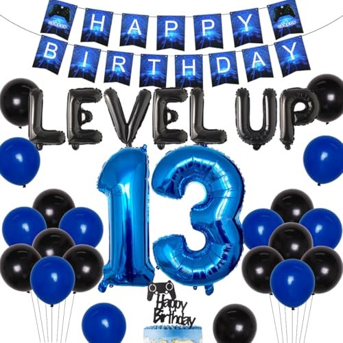 JOYMEMO Videospiel 13. Geburtstag Dekorationen für Jungen Spiel auf Geburtstag Party Supplies blau Gaming alles Gute zum Geburtstag Banner Game Controller Ballon Nummer 13 Folie Ballon