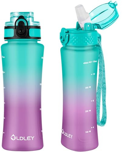 OLDLEY 450ml/15oz Kids Water Bottle with Straw Childrens Boys Girls Toddler 2 Lids Reusable Drink Bottles with Times Markings for School Home Camping Outdoor Sports BPA Free Leakproof Durable