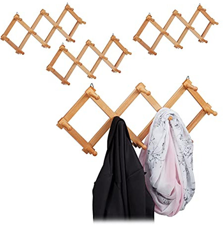 4 x Wandgarderobe Holz, ausziehbare Garderobenleiste, 10 Kleiderhaken, stabil, Scherengarderobe faltbar, natur