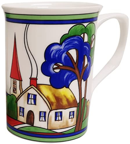 Rainbow Decors Art Deco Village Mugs Set of 2 Fine Bone China 10.5 oz 300 ml Castle Colourful Wrap Country Scene Tea Coffee Cups Hand Decorated UK