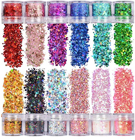 Glitzer Set 12er Boxen 12 Farben Glitzer Make up Set, Glitzer für Gesicht Glitzer Sequin Chunky Glitter, Fluoreszierendes Glitzer Gesicht Glitzerpulver Set, für Nagelkunst, Lidschatten, Gesicht, DIY