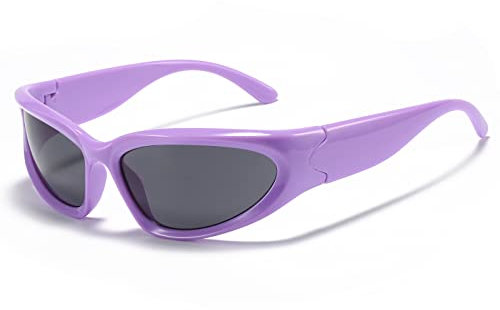 YUELUQU Futuristisch Sonnenbrillen Fahrradbrille für damen herren Y2K Sportbrille UV400 Schutz party brille rennrad brille (Purpur(R)-Grau(L))