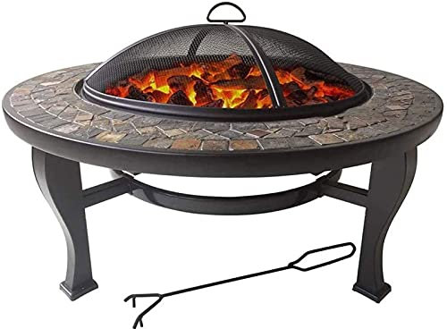 Samnuerly Feuerstelle im Freien, rund, Holzkohle für Holzheizung, Feuerschale aus Kunststein, Holzmaserung, Ofen, Innenhof, Garten, Terrasse, Feuerschale und Mesh-Deckel, tief rund