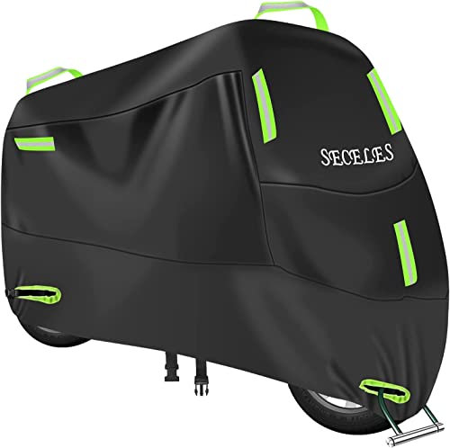 SECELES Telo Moto per Esterno Interno 300D Oxford, Telo Coprimoto Impermeabile con 7 strisce riflettenti e 2 fori di bloccaggio, Telone Moto per Scooter Motocross (4XL: 295 x 95 x 140cm)