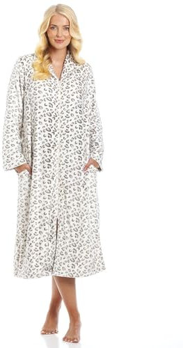 Camille Supersoft Ladies Housecoat With Easy Zip-Up Front Fastening And Side Pockets In Animal Print - Long-Length Womens Dressing Gowns With Turn-Over Collar - Beige Animal 14-16