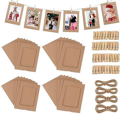 AHYDFSR 40 Stück Kraftpapier-Bilderrahmen, Papier Fotorahmen, Papier-Bilderrahmen, mit Mini-Holzklammern und Hanfseilen, DIY kreative Retro-Kraftpapier-Bildermatten, hängende Albumrahmen (braun)