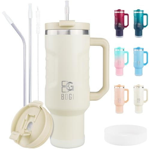 BOGI Becher mit Griff und Strohhalm, 2-in-1-Deckel, Edelstahlbecher mit Deckel und Strohhalm, auslaufsicher, isoliert, wiederverwendbar, Reise-Kaffeebecher, Becherhalter