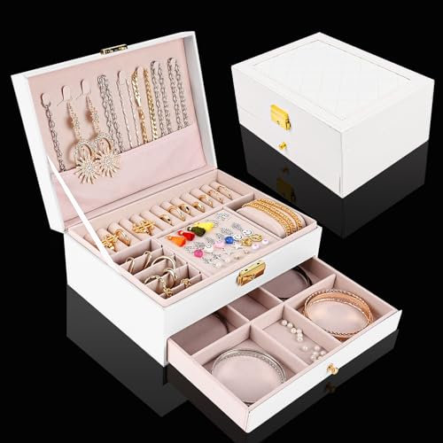 Schmuckkästchen, 2 Ebenen Schmuckaufbewahrung schmuckschatulle Reise PU-Leder, Schmuckbox Schmuckkoffer für Damen, Schmuckkästen für Ringe, Ohrringe, Halsketten und Uhren (Weiß)